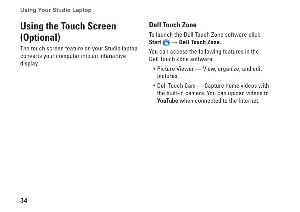 Using the touch screen (optional) | Dell Studio 1745 (Mid 2009) User Manual | Page 36 / 96