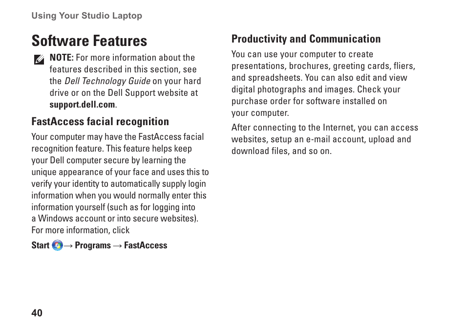 Software features | Dell Studio 1745 (Mid 2009) User Manual | Page 42 / 96