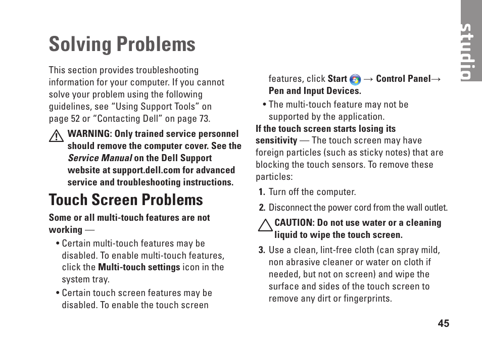 Solving problems, Touch screen problems | Dell Studio 1745 (Mid 2009) User Manual | Page 47 / 96