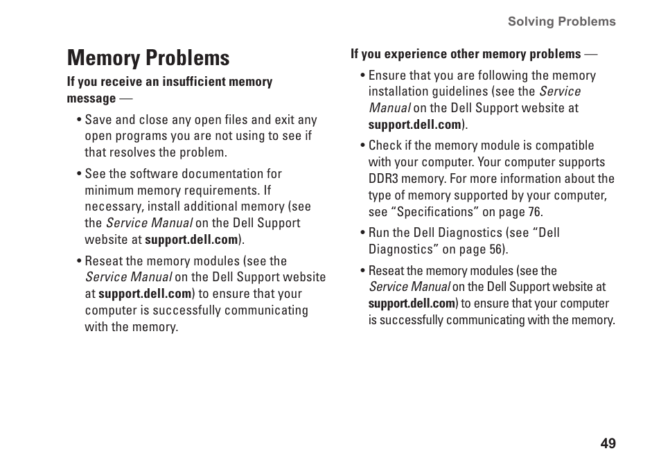 Memory problems | Dell Studio 1745 (Mid 2009) User Manual | Page 51 / 96