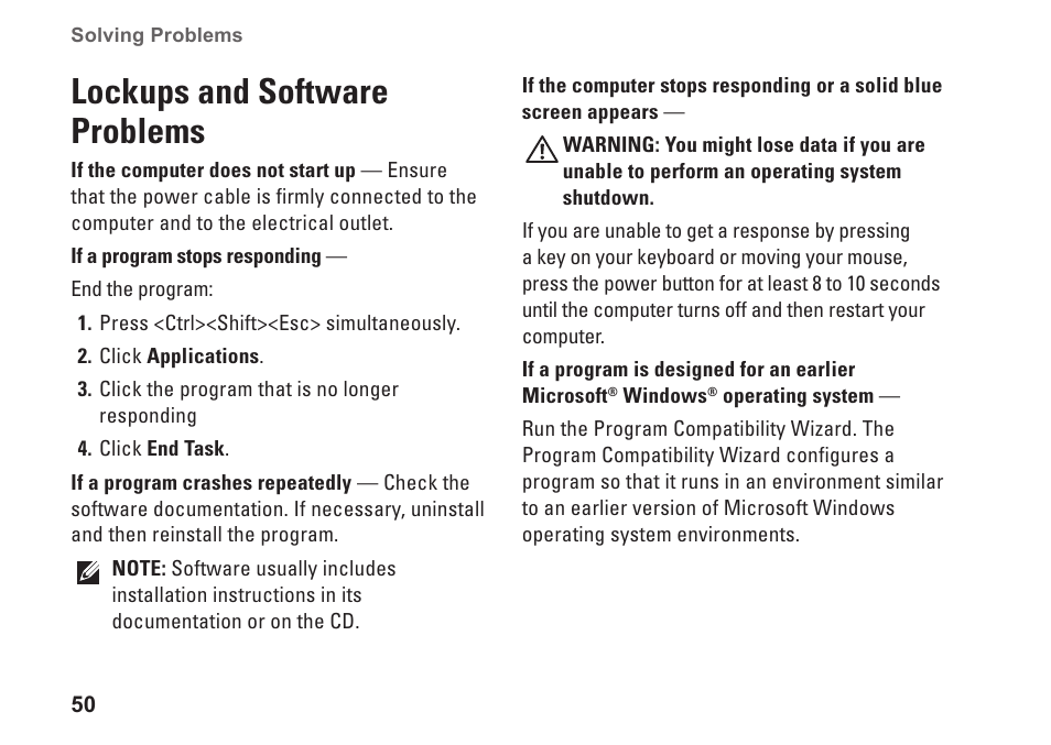 Lockups and software problems | Dell Studio 1745 (Mid 2009) User Manual | Page 52 / 96