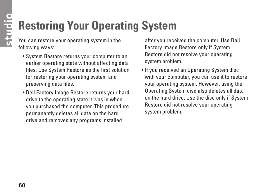 Restoring your operating system | Dell Studio 1745 (Mid 2009) User Manual | Page 62 / 96