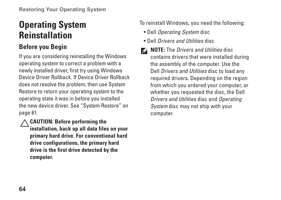 Operating system reinstallation | Dell Studio 1745 (Mid 2009) User Manual | Page 66 / 96