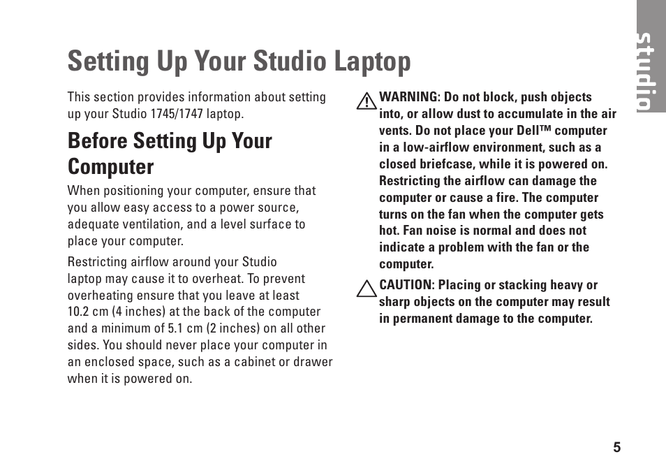 Setting up your studio laptop, Before setting up your computer | Dell Studio 1745 (Mid 2009) User Manual | Page 7 / 96