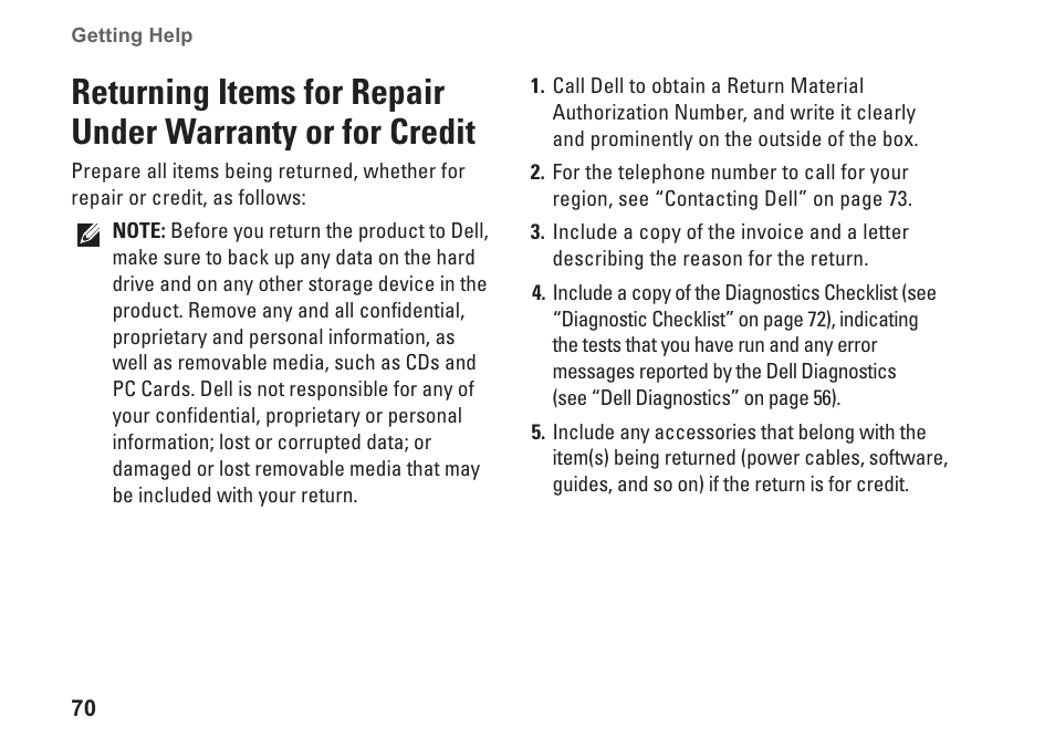 Returning items for repair under, Warranty or for credit | Dell Studio 1745 (Mid 2009) User Manual | Page 72 / 96