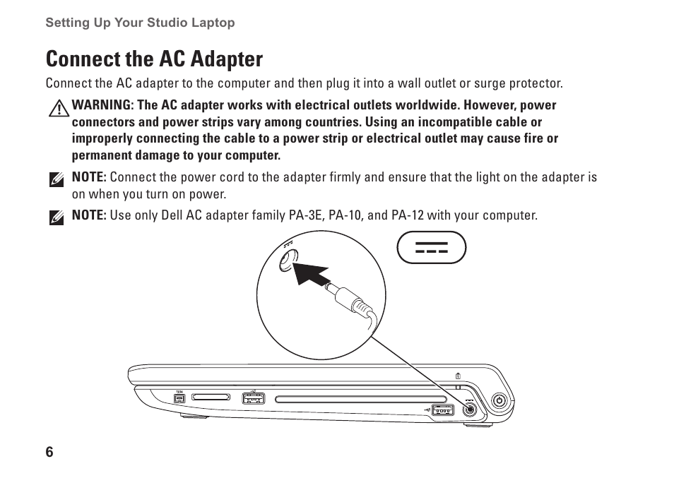 Connect the ac adapter | Dell Studio 1745 (Mid 2009) User Manual | Page 8 / 96