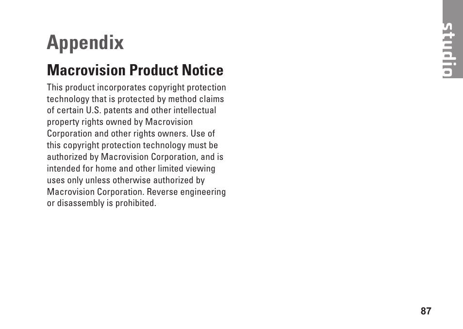 Appendix, Macrovision product notice | Dell Studio 1745 (Mid 2009) User Manual | Page 89 / 96