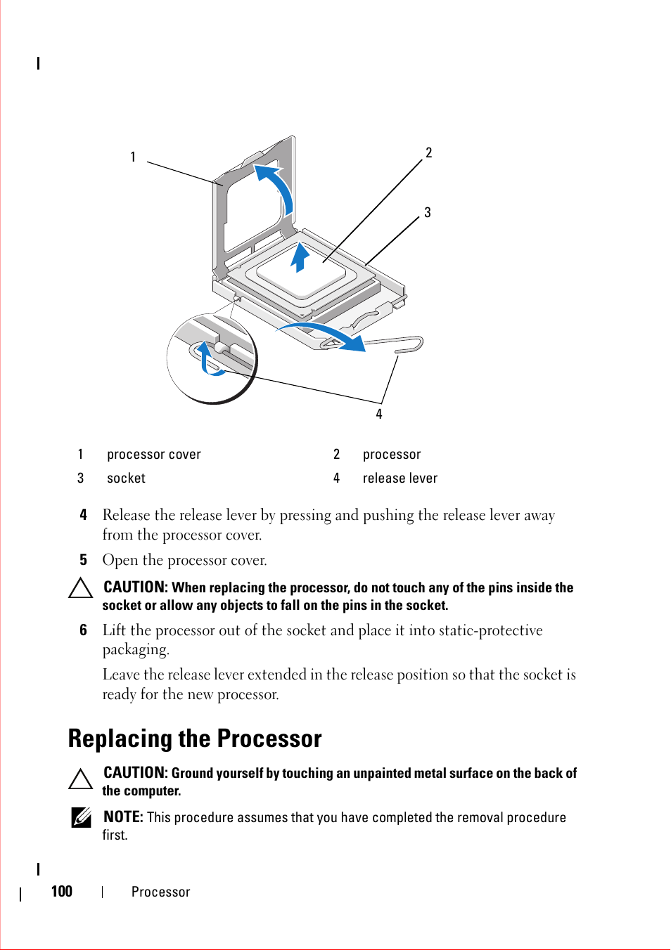 5 open the processor cover, Replacing the processor | Dell OptiPlex 360 (Late 2008) User Manual | Page 100 / 160