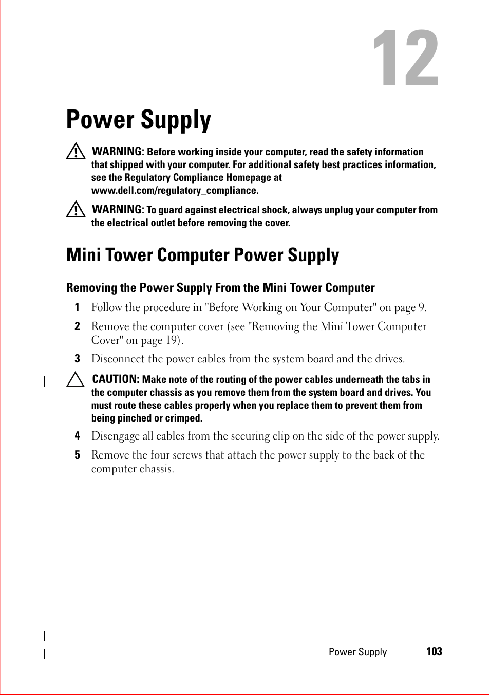 Power supply, Mini tower computer power supply | Dell OptiPlex 360 (Late 2008) User Manual | Page 103 / 160