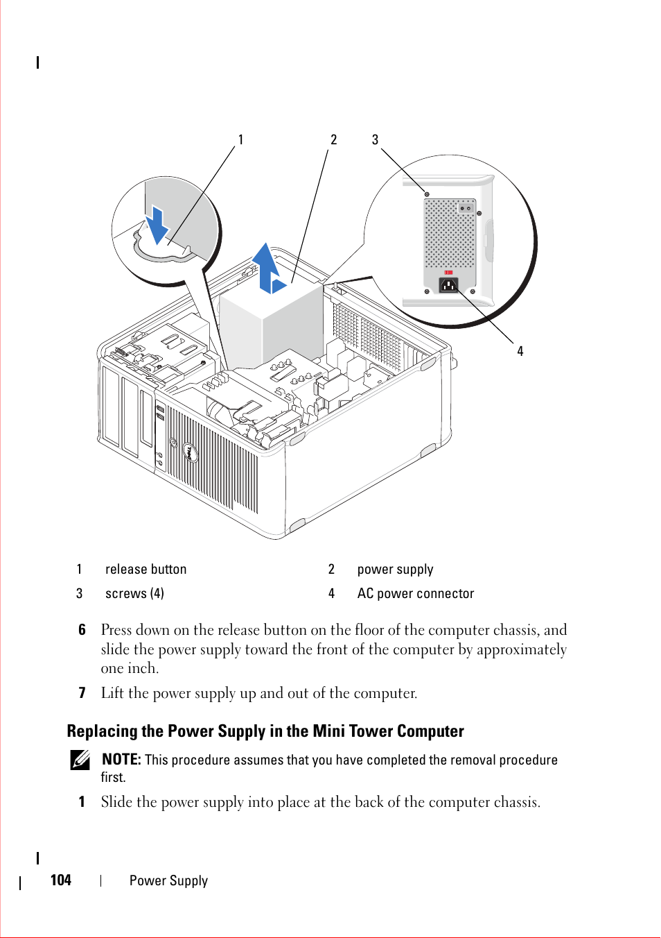 7 lift the power supply up and out of the computer | Dell OptiPlex 360 (Late 2008) User Manual | Page 104 / 160