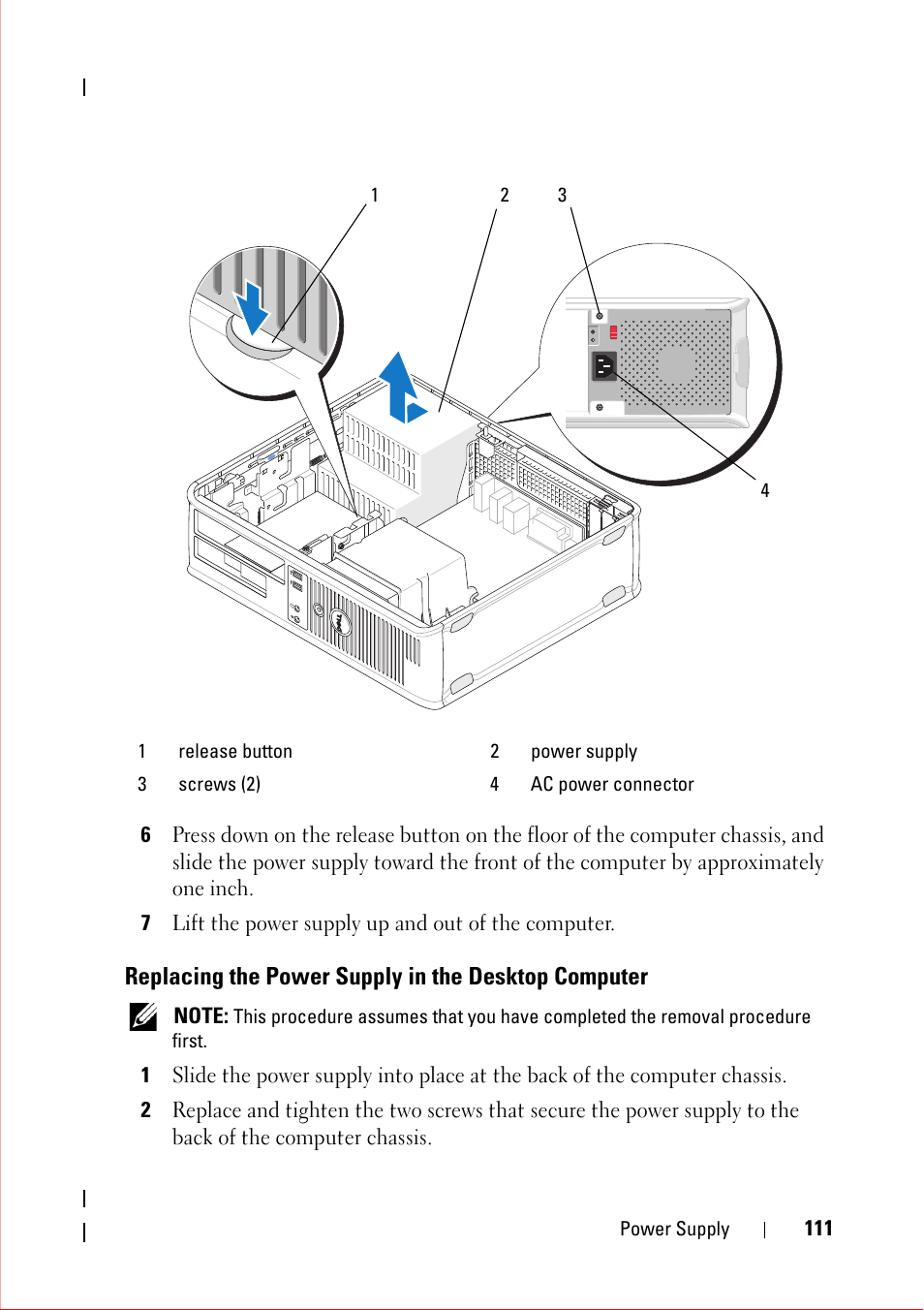 7 lift the power supply up and out of the computer, Replacing the power supply in the desktop computer | Dell OptiPlex 360 (Late 2008) User Manual | Page 111 / 160