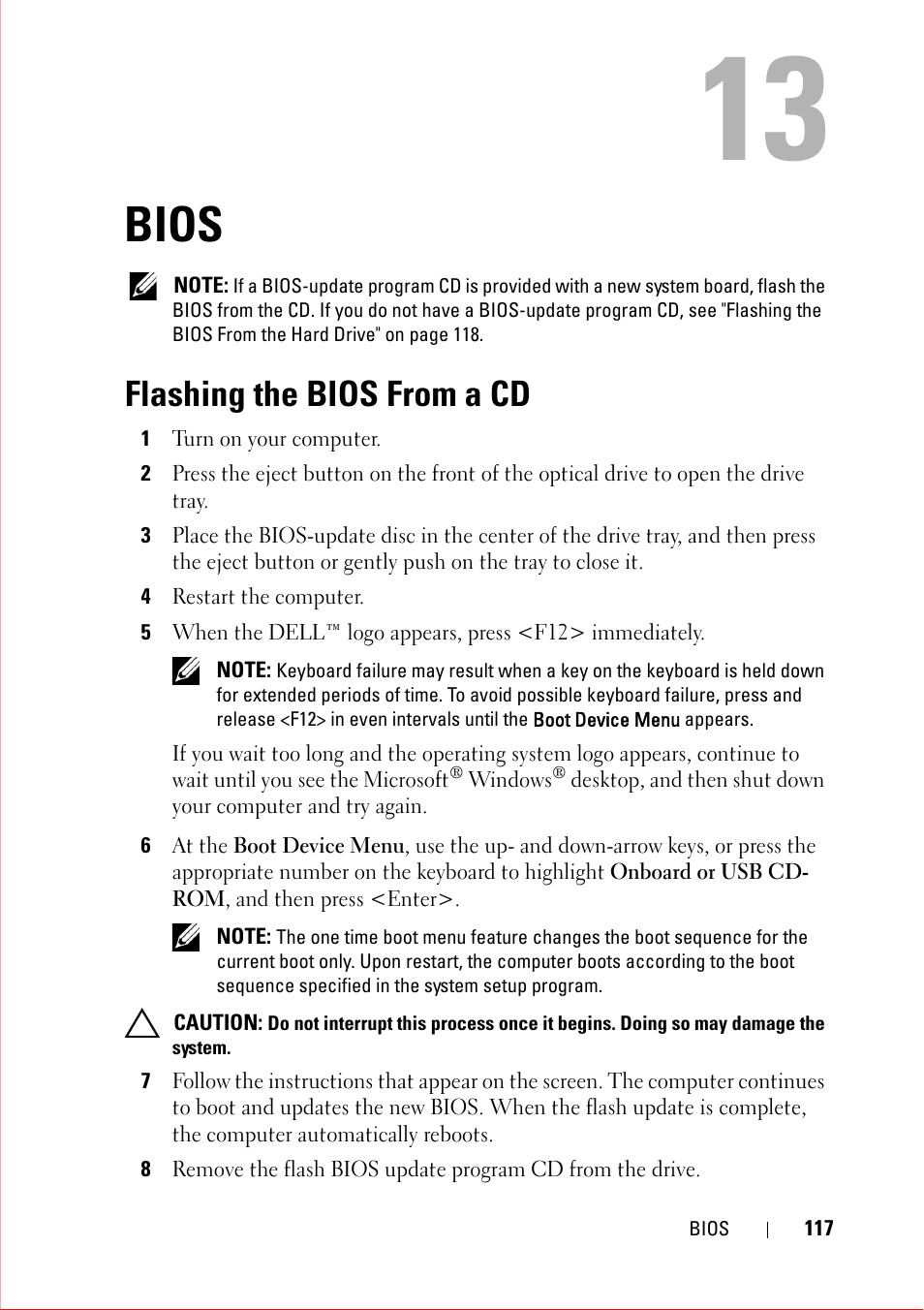 Bios, Flashing the bios from a cd, 1 turn on your computer | 4 restart the computer | Dell OptiPlex 360 (Late 2008) User Manual | Page 117 / 160