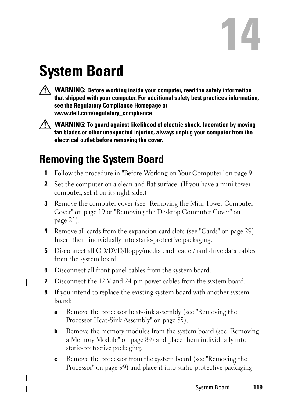 System board, Removing the system board | Dell OptiPlex 360 (Late 2008) User Manual | Page 119 / 160