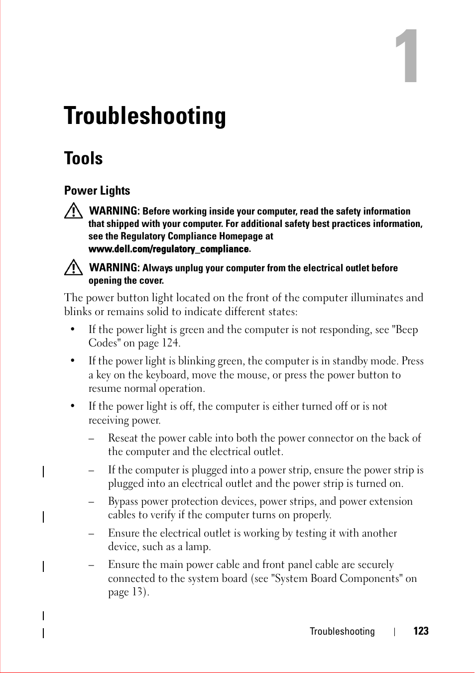 Troubleshooting, Tools, Power lights | Dell OptiPlex 360 (Late 2008) User Manual | Page 123 / 160