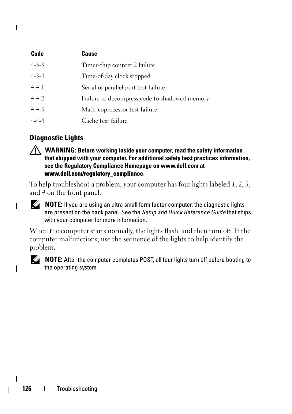 Diagnostic lights | Dell OptiPlex 360 (Late 2008) User Manual | Page 126 / 160