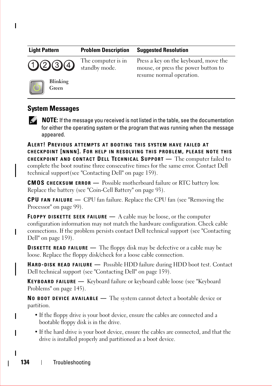 System messages, Cmos checksum error, Cpu fan failure | Floppy diskette seek failure, Diskette read failure, Hard-disk read failure, Keyboard failure, No boot device available | Dell OptiPlex 360 (Late 2008) User Manual | Page 134 / 160