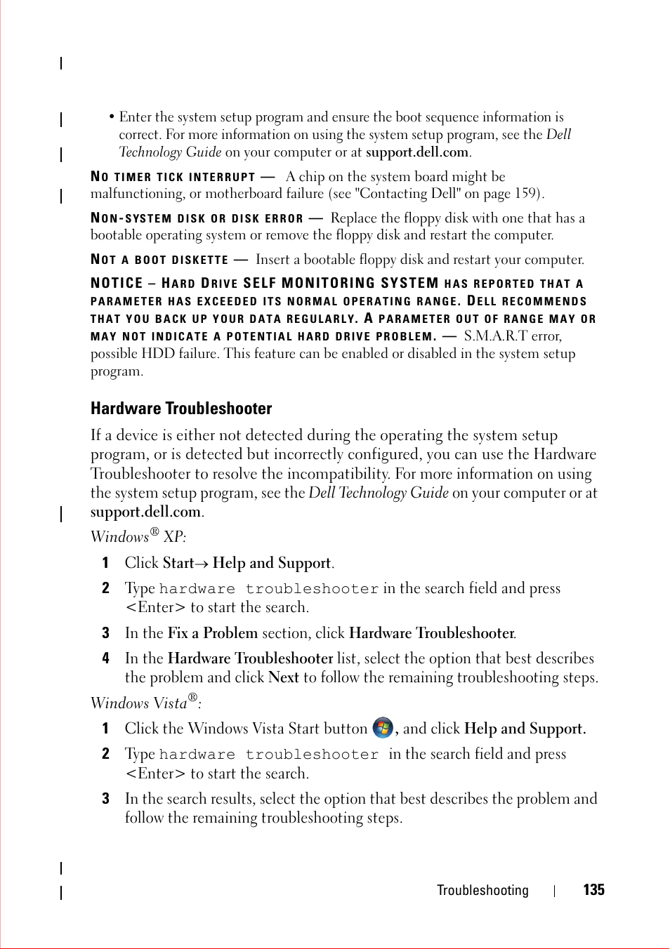 No timer tick interrupt, Non-system disk or disk error, Not a boot diskette | Hardware troubleshooter, 1 click startæ help and support | Dell OptiPlex 360 (Late 2008) User Manual | Page 135 / 160