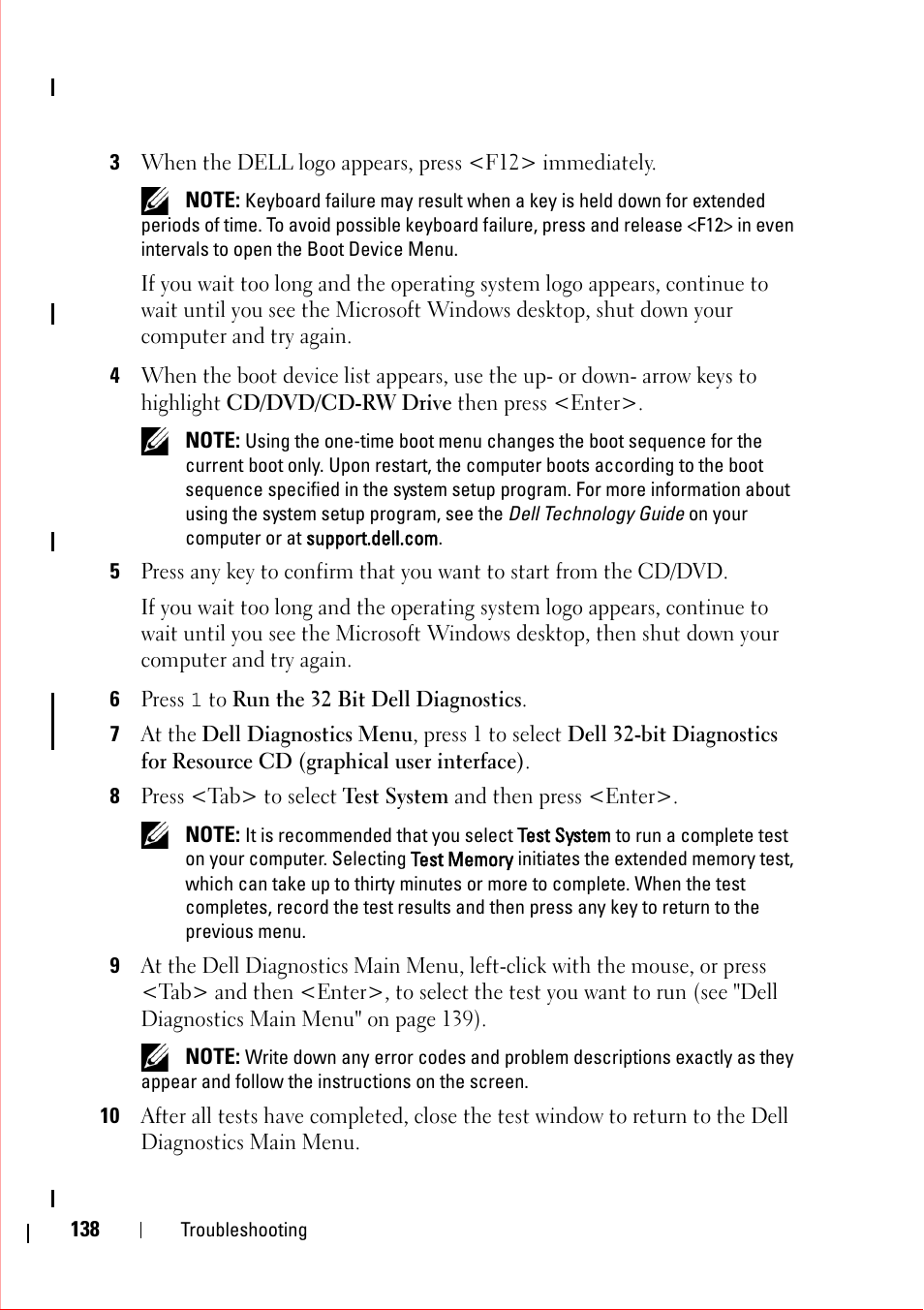 6 press 1 to run the 32 bit dell diagnostics | Dell OptiPlex 360 (Late 2008) User Manual | Page 138 / 160