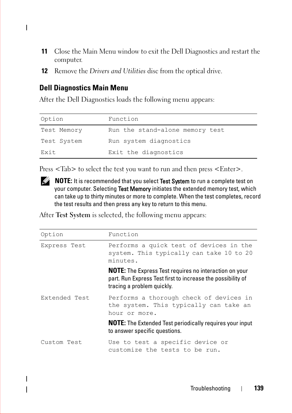 Dell diagnostics main menu | Dell OptiPlex 360 (Late 2008) User Manual | Page 139 / 160