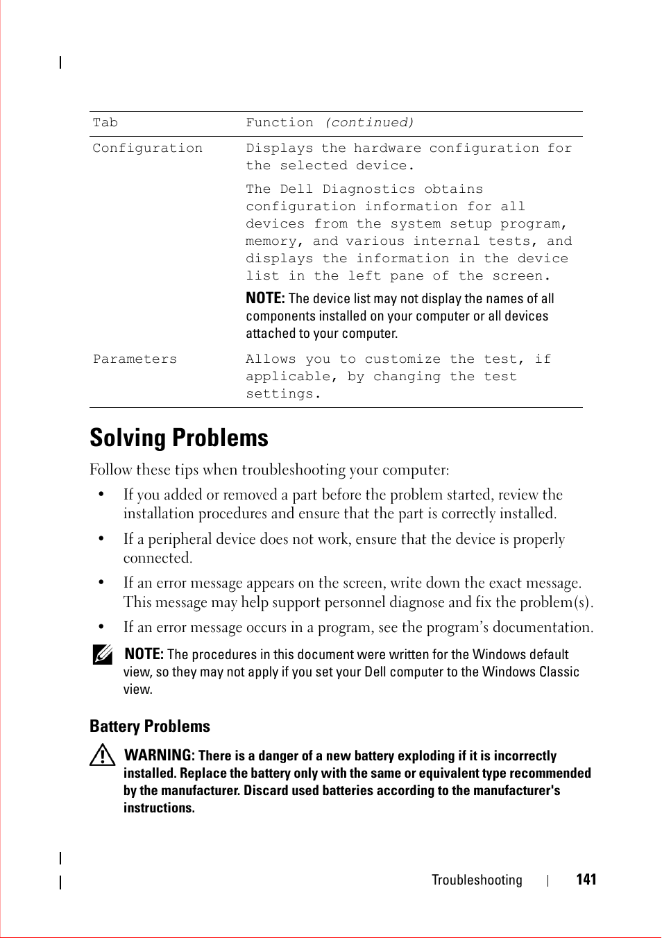 Solving problems, Battery problems | Dell OptiPlex 360 (Late 2008) User Manual | Page 141 / 160
