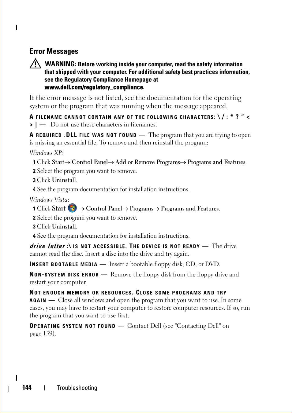 Error messages, A required .dll file was not found, 2 select the program you want to remove | 3 click uninstall, Insert bootable media, Non-system disk error, Operating system not found | Dell OptiPlex 360 (Late 2008) User Manual | Page 144 / 160