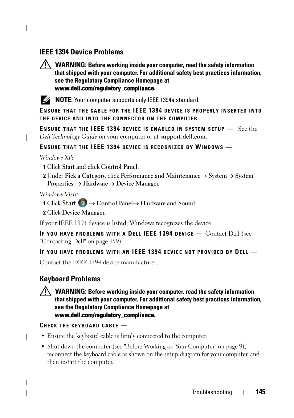 Ieee 1394 device problems, 1 click start and click control panel, 1 click start æ control panelæ hardware and sound | 2 click device manager, If you have problems with a dell ieee 1394 device, Keyboard problems, Check the keyboard cable, Keyboard | Dell OptiPlex 360 (Late 2008) User Manual | Page 145 / 160