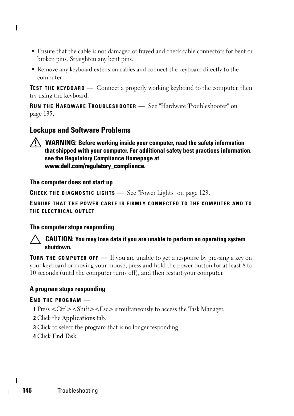 Test the keyboard, Run the hardware troubleshooter, Lockups and software problems | The computer does not start up, Check the diagnostic lights, The computer stops responding, Turn the computer off, A program stops responding, End the program, 2 click the applications tab | Dell OptiPlex 360 (Late 2008) User Manual | Page 146 / 160