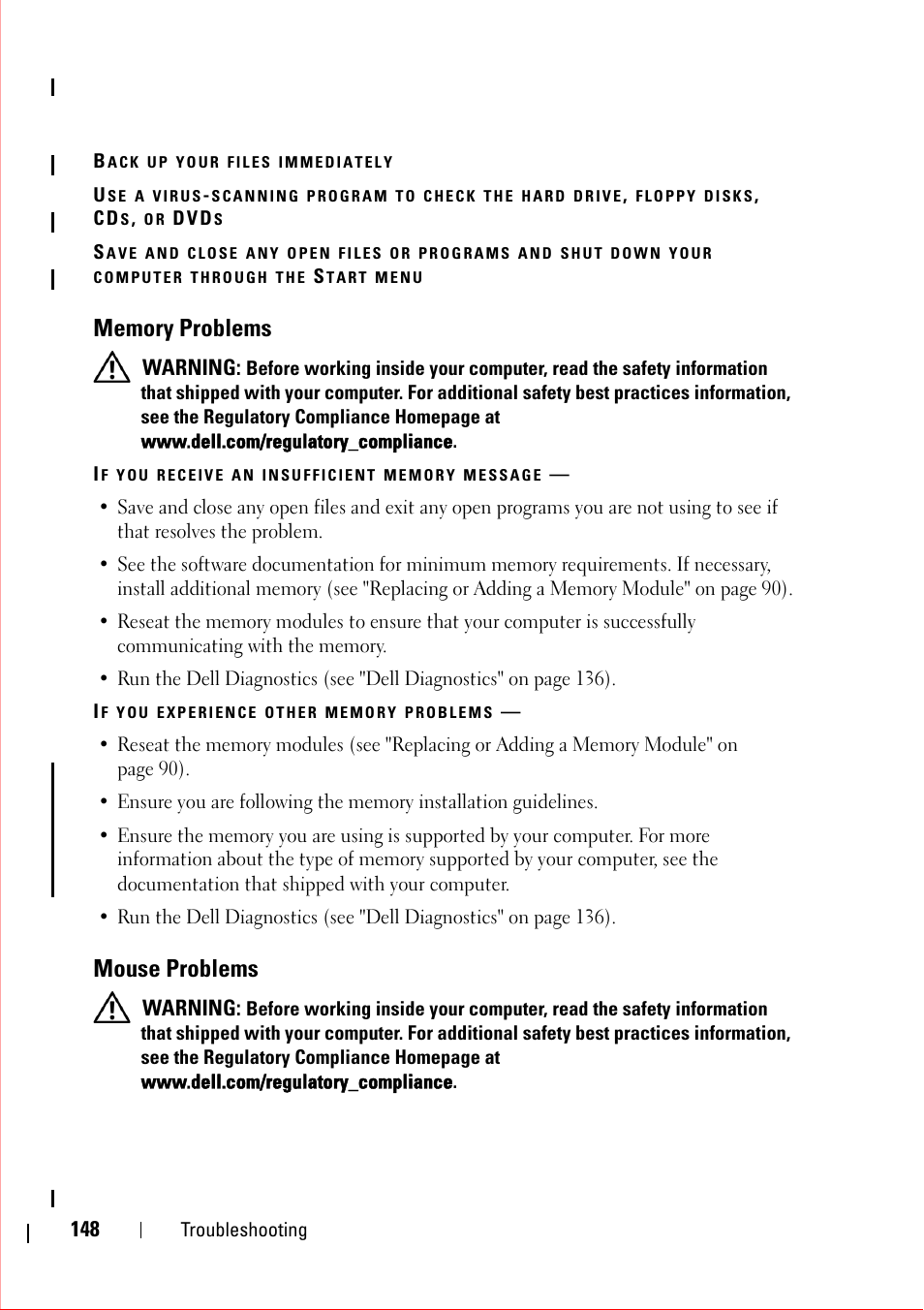 Back up your files immediately, Memory problems, If you receive an insufficient memory message | If you experience other memory problems, Mouse problems, Warning | Dell OptiPlex 360 (Late 2008) User Manual | Page 148 / 160