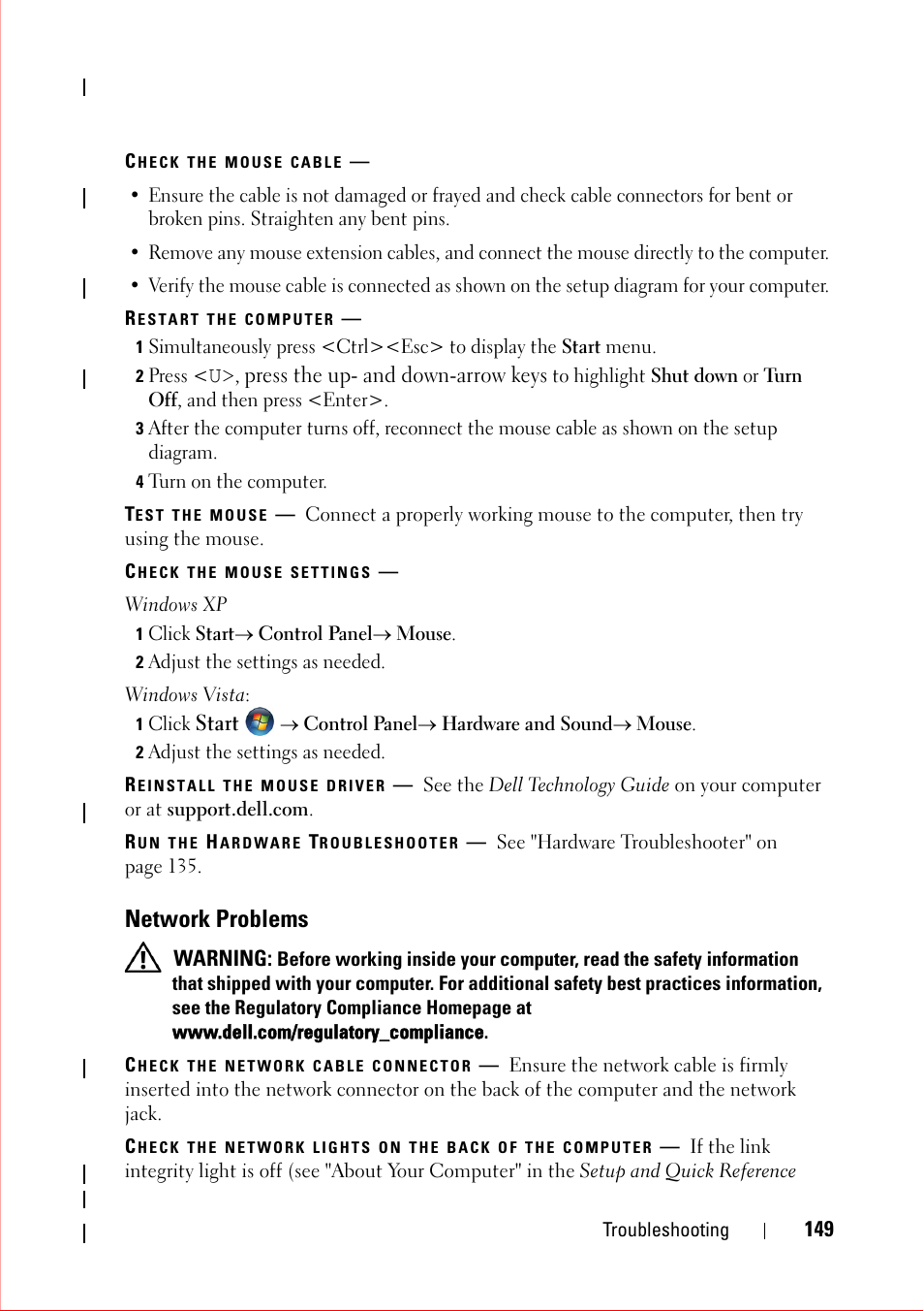 Check the mouse cable, Restart the computer, 4 turn on the computer | Test the mouse, Check the mouse settings, 1 click startæ control panelæ mouse, 2 adjust the settings as needed, Reinstall the mouse driver, Run the hardware troubleshooter, Network problems | Dell OptiPlex 360 (Late 2008) User Manual | Page 149 / 160