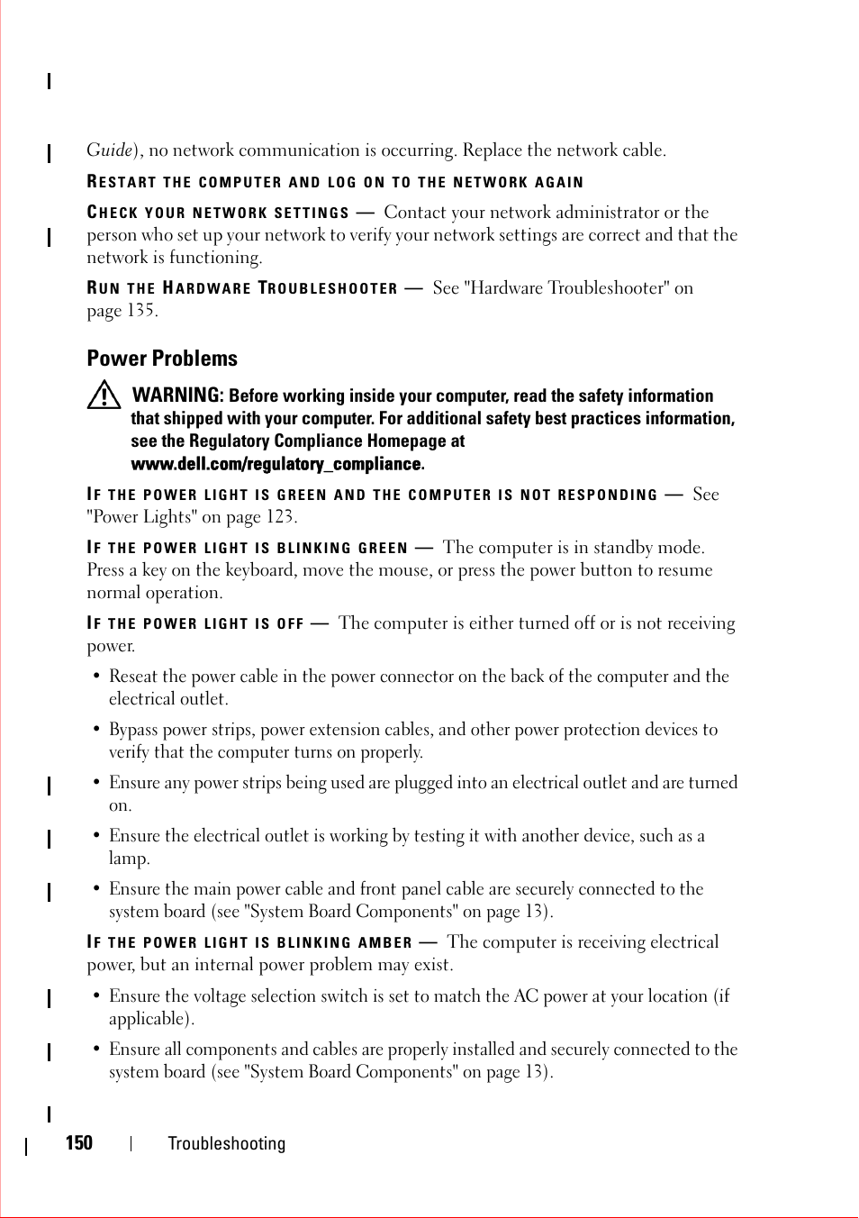 Check your network settings, Run the hardware troubleshooter, Power problems | If the power light is blinking green, If the power light is off, If the power light is blinking amber, Warning | Dell OptiPlex 360 (Late 2008) User Manual | Page 150 / 160