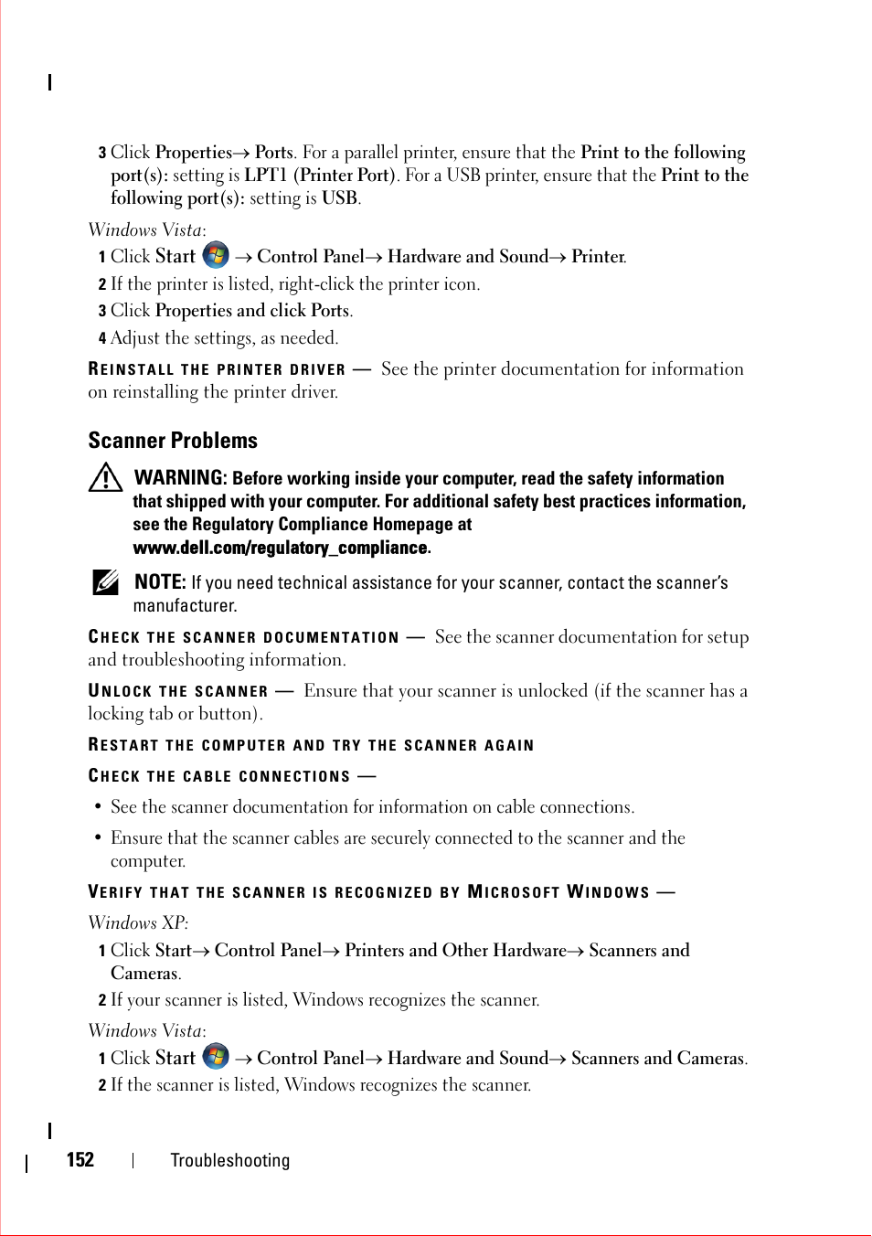 3 click properties and click ports, 4 adjust the settings, as needed, Reinstall the printer driver | Scanner problems, Check the scanner documentation, Unlock the scanner, Restart the computer and try the scanner again, Check the cable connections | Dell OptiPlex 360 (Late 2008) User Manual | Page 152 / 160
