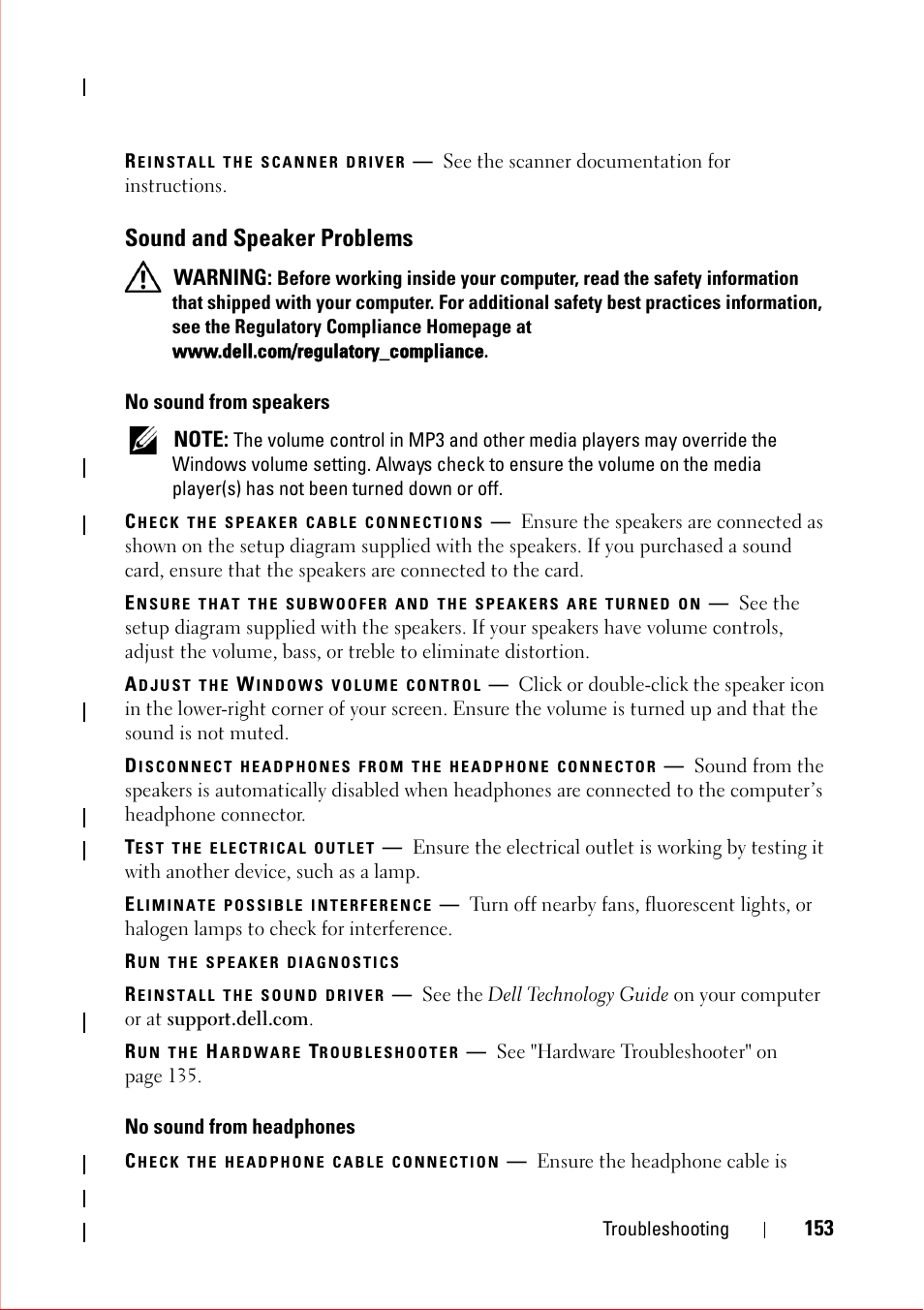 Reinstall the scanner driver, Sound and speaker problems, No sound from speakers | Check the speaker cable connections, Adjust the windows volume control, Disconnect headphones from the headphone connector, Test the electrical outlet, Eliminate possible interference, Run the speaker diagnostics, Reinstall the sound driver | Dell OptiPlex 360 (Late 2008) User Manual | Page 153 / 160