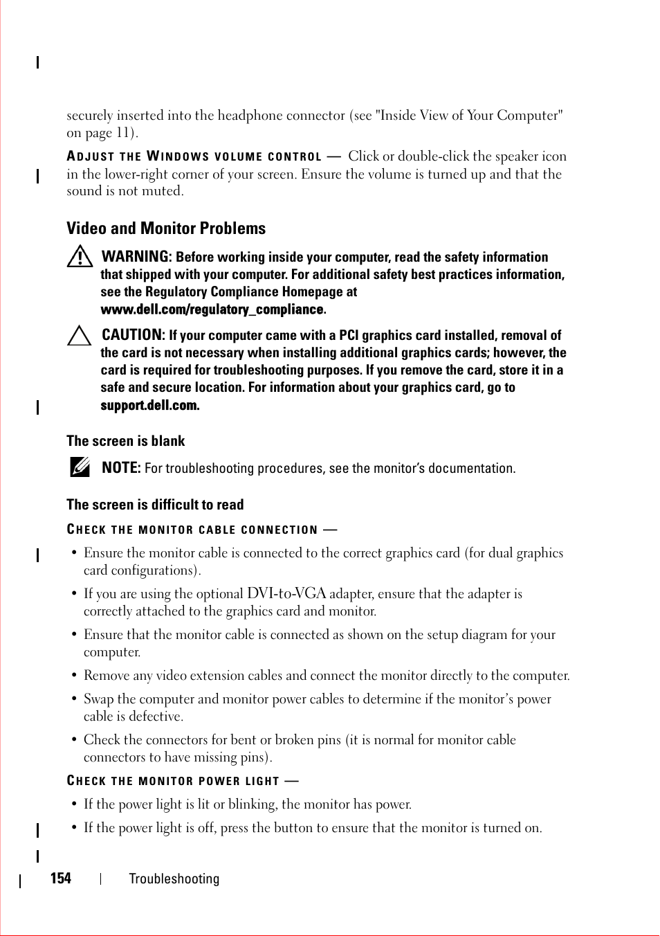 Adjust the windows volume control, Video and monitor problems, The screen is blank | The screen is difficult to read, Check the monitor cable connection, Check the monitor power light | Dell OptiPlex 360 (Late 2008) User Manual | Page 154 / 160