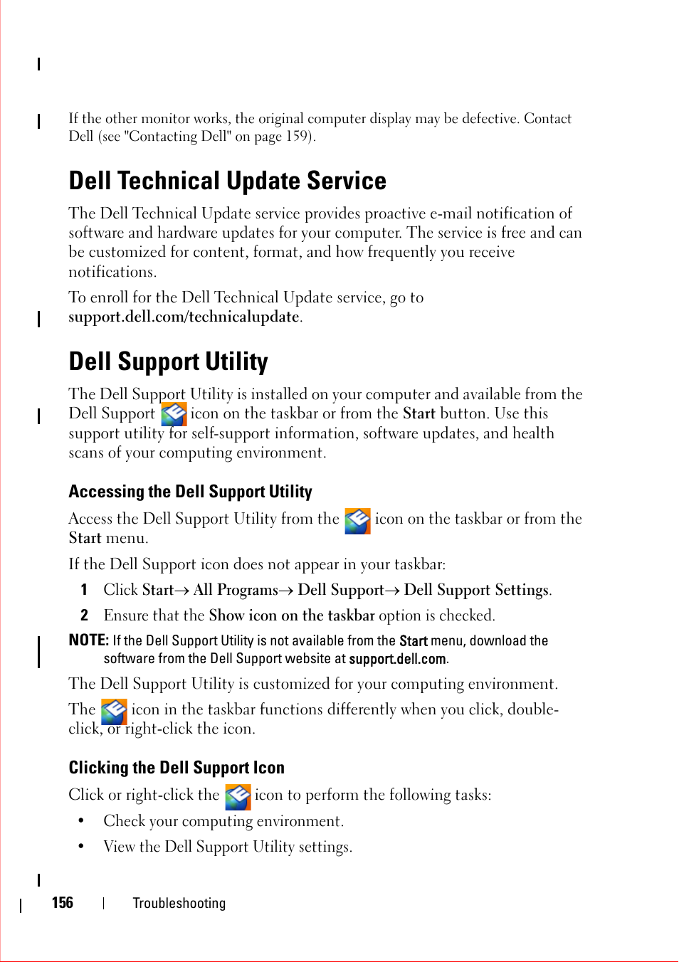Dell technical update service, Dell support utility, Accessing the dell support utility | Clicking the dell support icon | Dell OptiPlex 360 (Late 2008) User Manual | Page 156 / 160