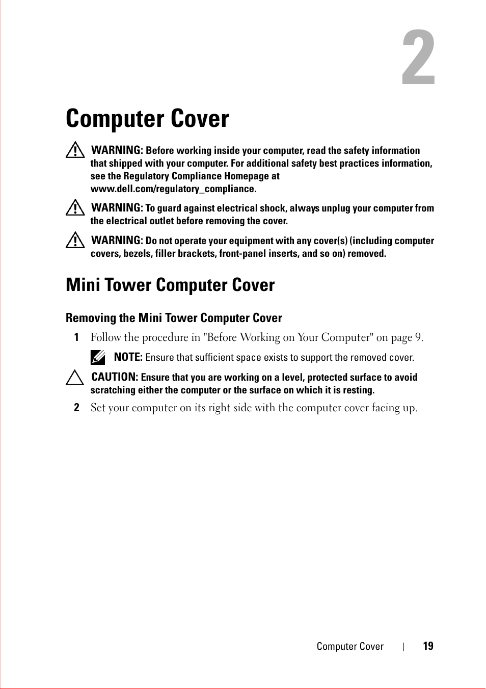 Computer cover, Mini tower computer cover, Removing the mini tower computer cover | Dell OptiPlex 360 (Late 2008) User Manual | Page 19 / 160