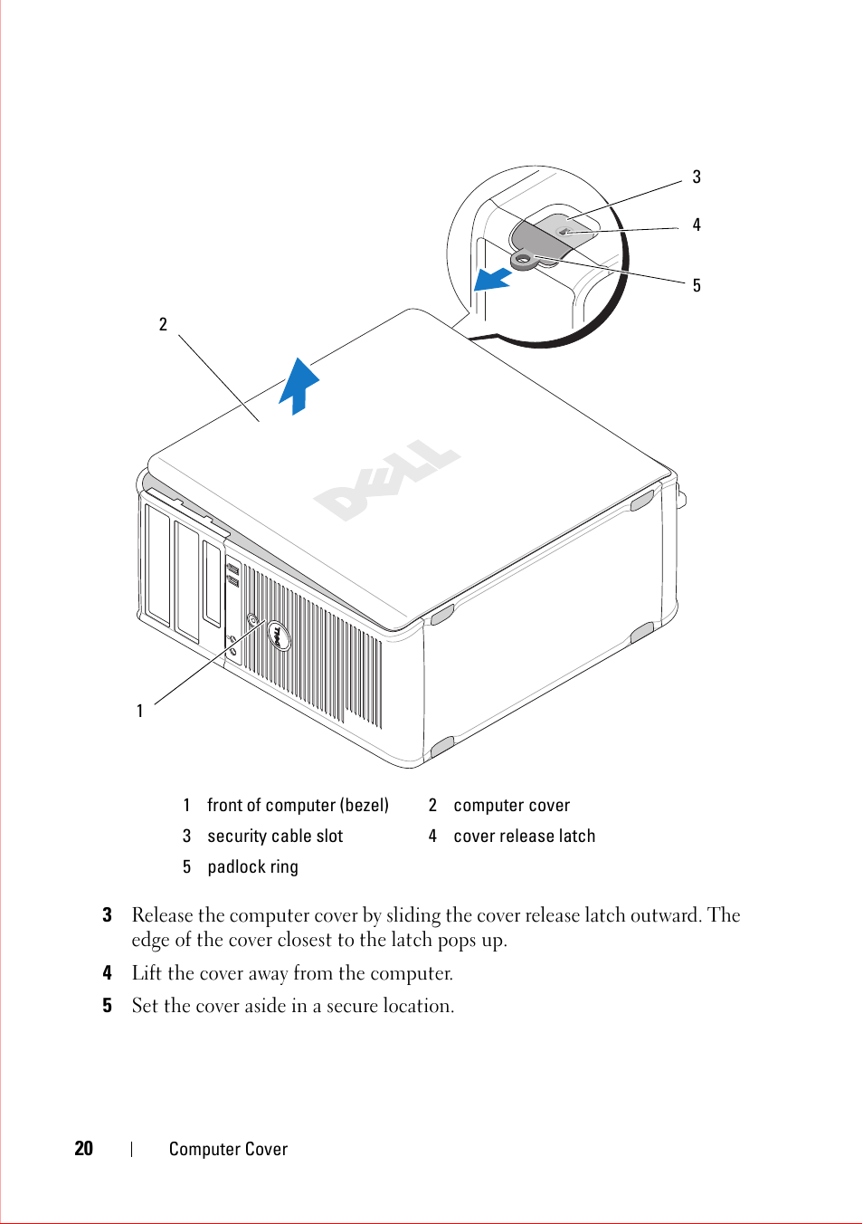4 lift the cover away from the computer, 5 set the cover aside in a secure location | Dell OptiPlex 360 (Late 2008) User Manual | Page 20 / 160