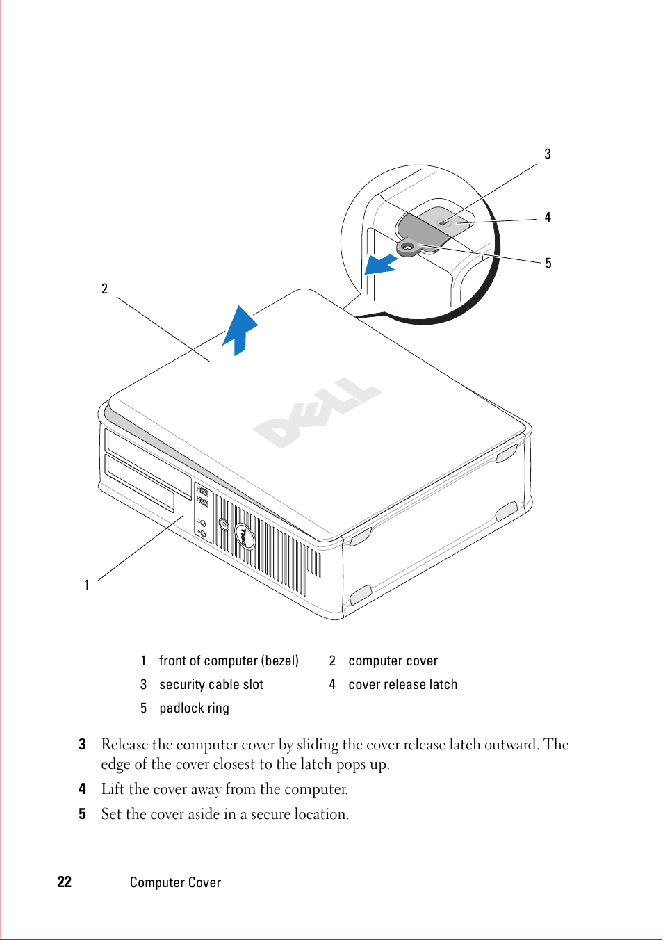 4 lift the cover away from the computer, 5 set the cover aside in a secure location | Dell OptiPlex 360 (Late 2008) User Manual | Page 22 / 160