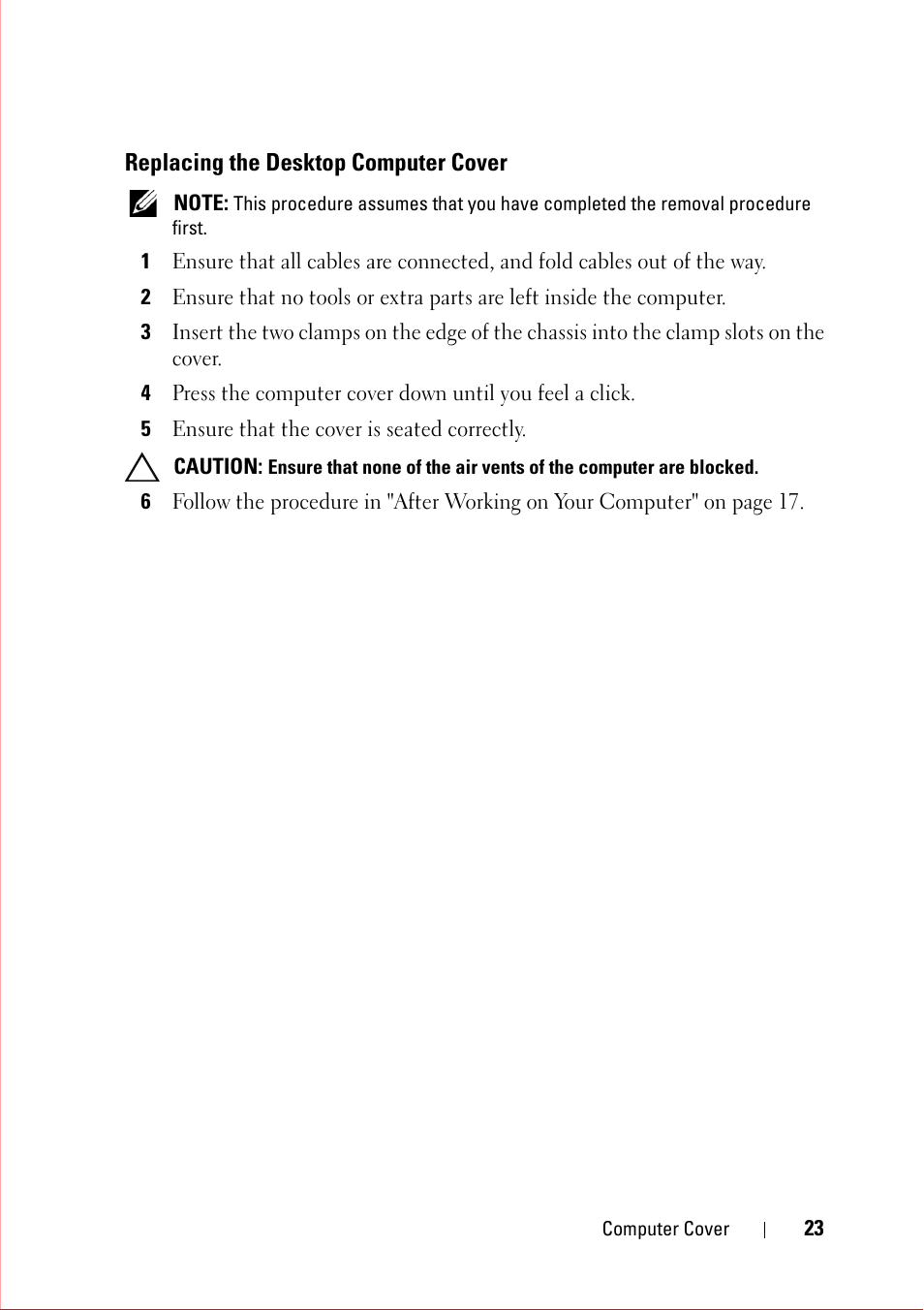 Replacing the desktop computer cover, 5 ensure that the cover is seated correctly | Dell OptiPlex 360 (Late 2008) User Manual | Page 23 / 160