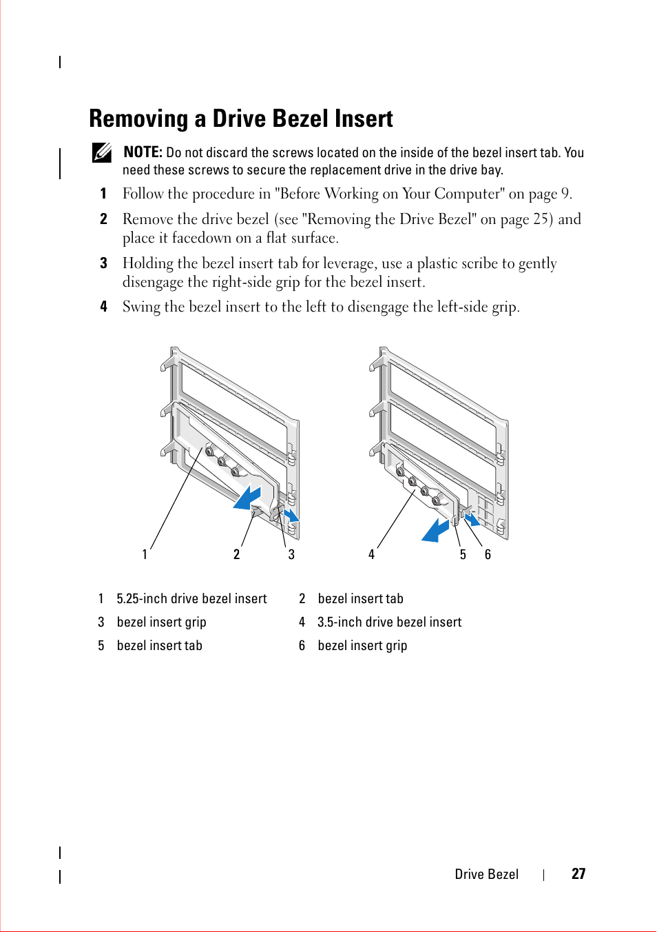 Removing a drive bezel insert | Dell OptiPlex 360 (Late 2008) User Manual | Page 27 / 160