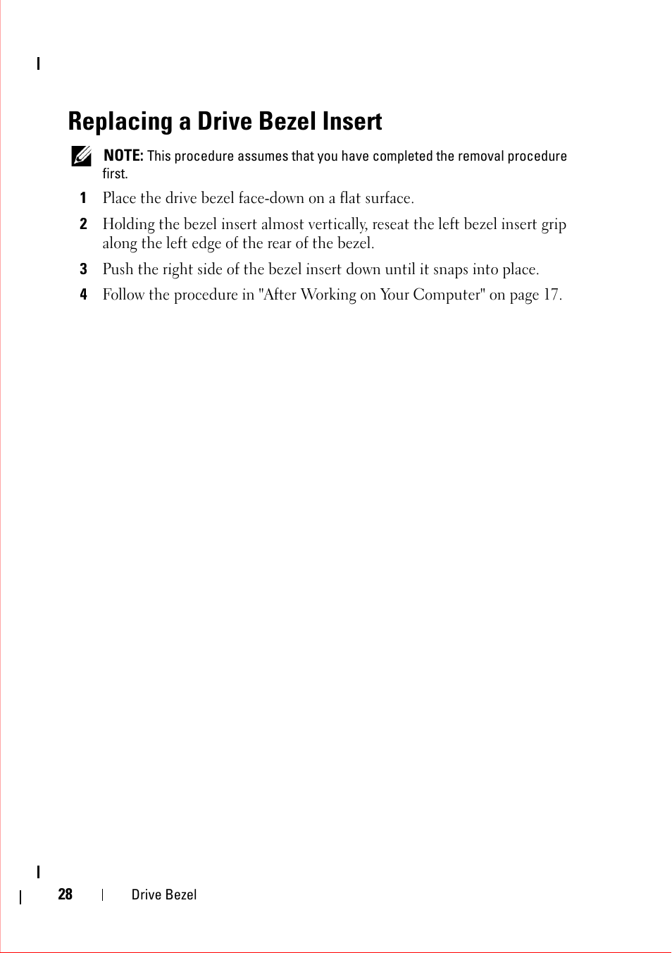 Replacing a drive bezel insert | Dell OptiPlex 360 (Late 2008) User Manual | Page 28 / 160