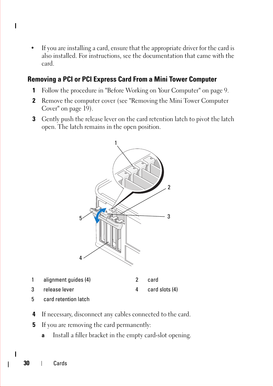 5 if you are removing the card permanently, E "removing a pci or pci | Dell OptiPlex 360 (Late 2008) User Manual | Page 30 / 160