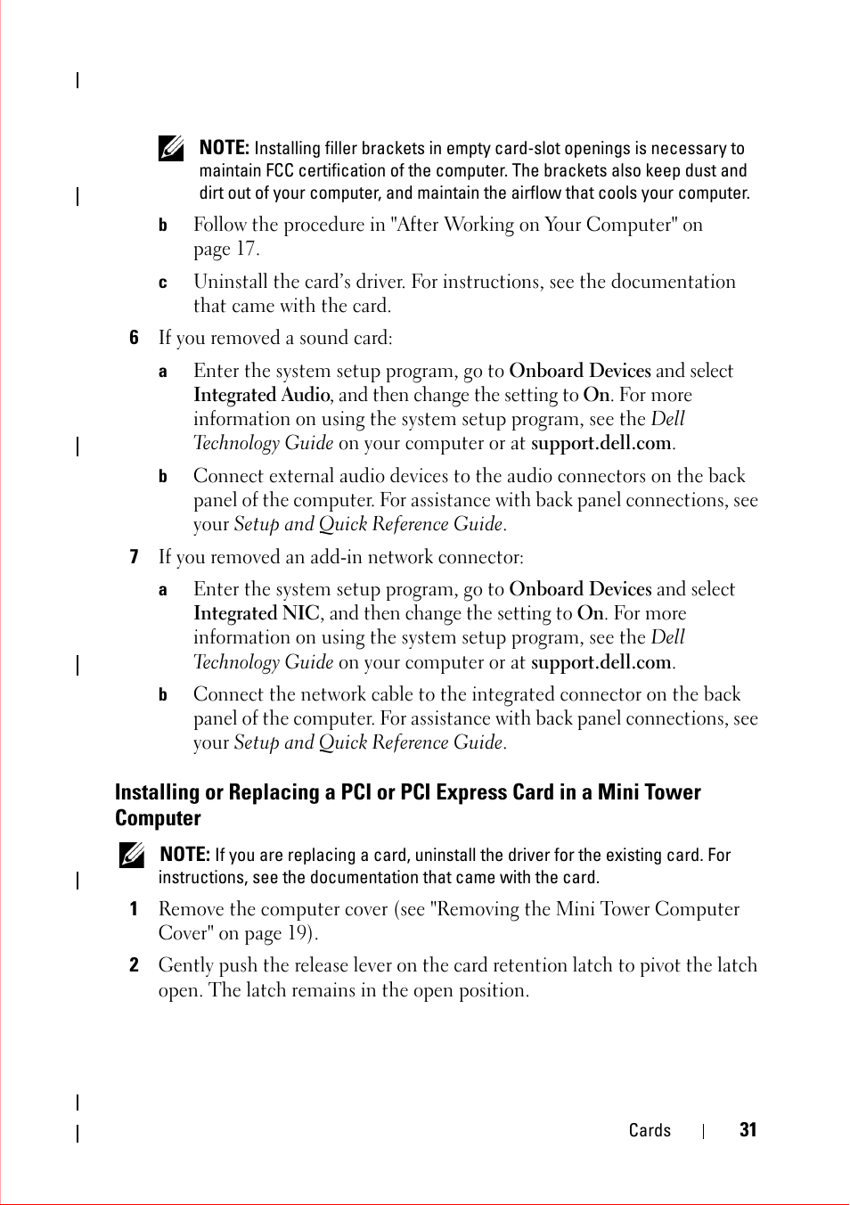 6 if you removed a sound card, 7 if you removed an add-in network connector, Computer | Dell OptiPlex 360 (Late 2008) User Manual | Page 31 / 160