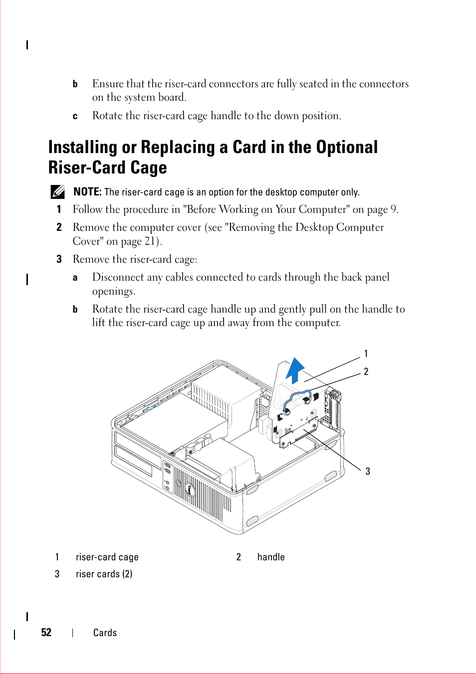 3 remove the riser-card cage | Dell OptiPlex 360 (Late 2008) User Manual | Page 52 / 160