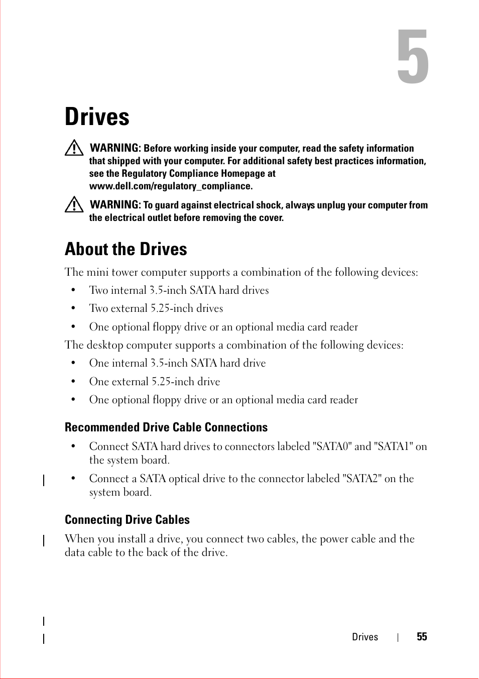 Drives, About the drives, Recommended drive cable connections | Connecting drive cables | Dell OptiPlex 360 (Late 2008) User Manual | Page 55 / 160