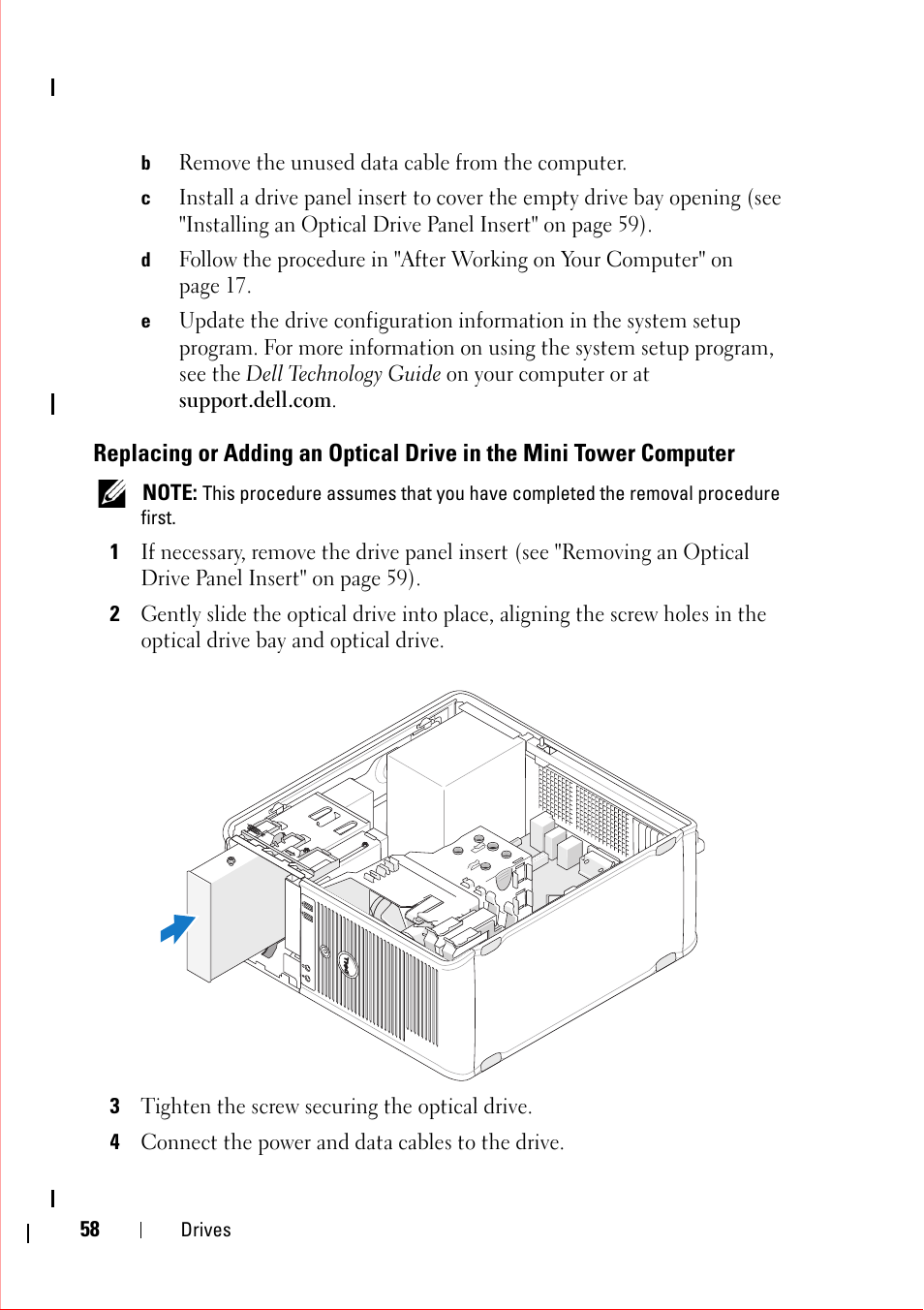 B remove the unused data cable from the computer, 3 tighten the screw securing the optical drive, 4 connect the power and data cables to the drive | Dell OptiPlex 360 (Late 2008) User Manual | Page 58 / 160