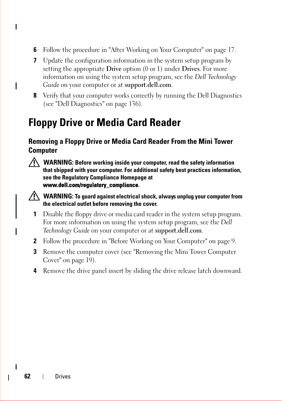 Floppy drive or media card reader, Tower computer | Dell OptiPlex 360 (Late 2008) User Manual | Page 62 / 160