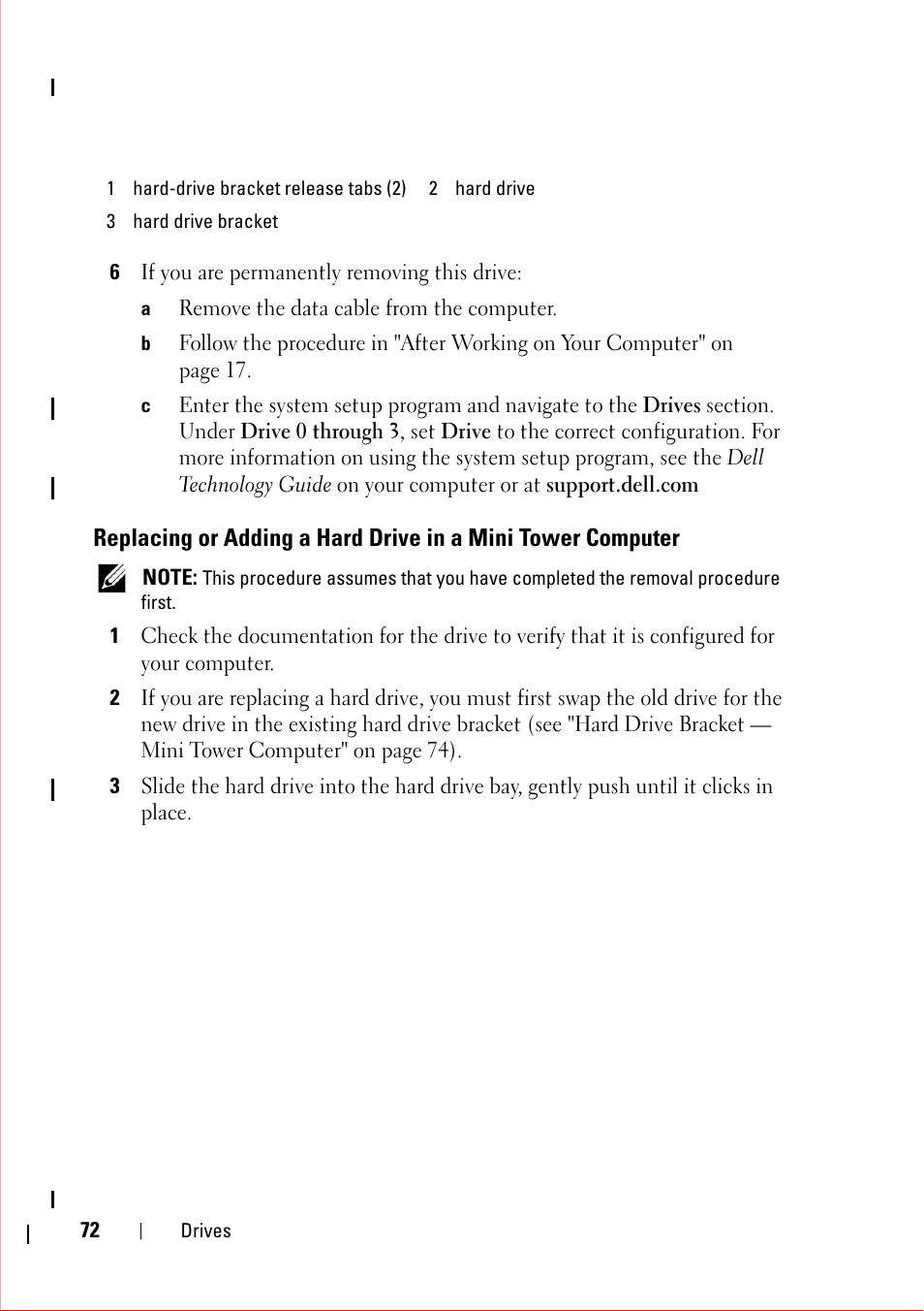 6 if you are permanently removing this drive, A remove the data cable from the computer | Dell OptiPlex 360 (Late 2008) User Manual | Page 72 / 160