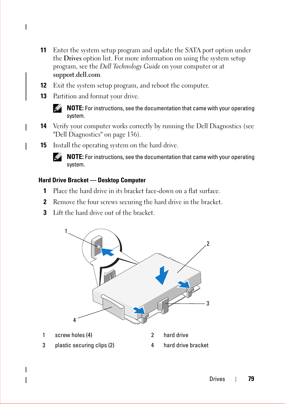 13 partition and format your drive, 15 install the operating system on the hard drive, Hard drive bracket - desktop computer | 3 lift the hard drive out of the bracket | Dell OptiPlex 360 (Late 2008) User Manual | Page 79 / 160