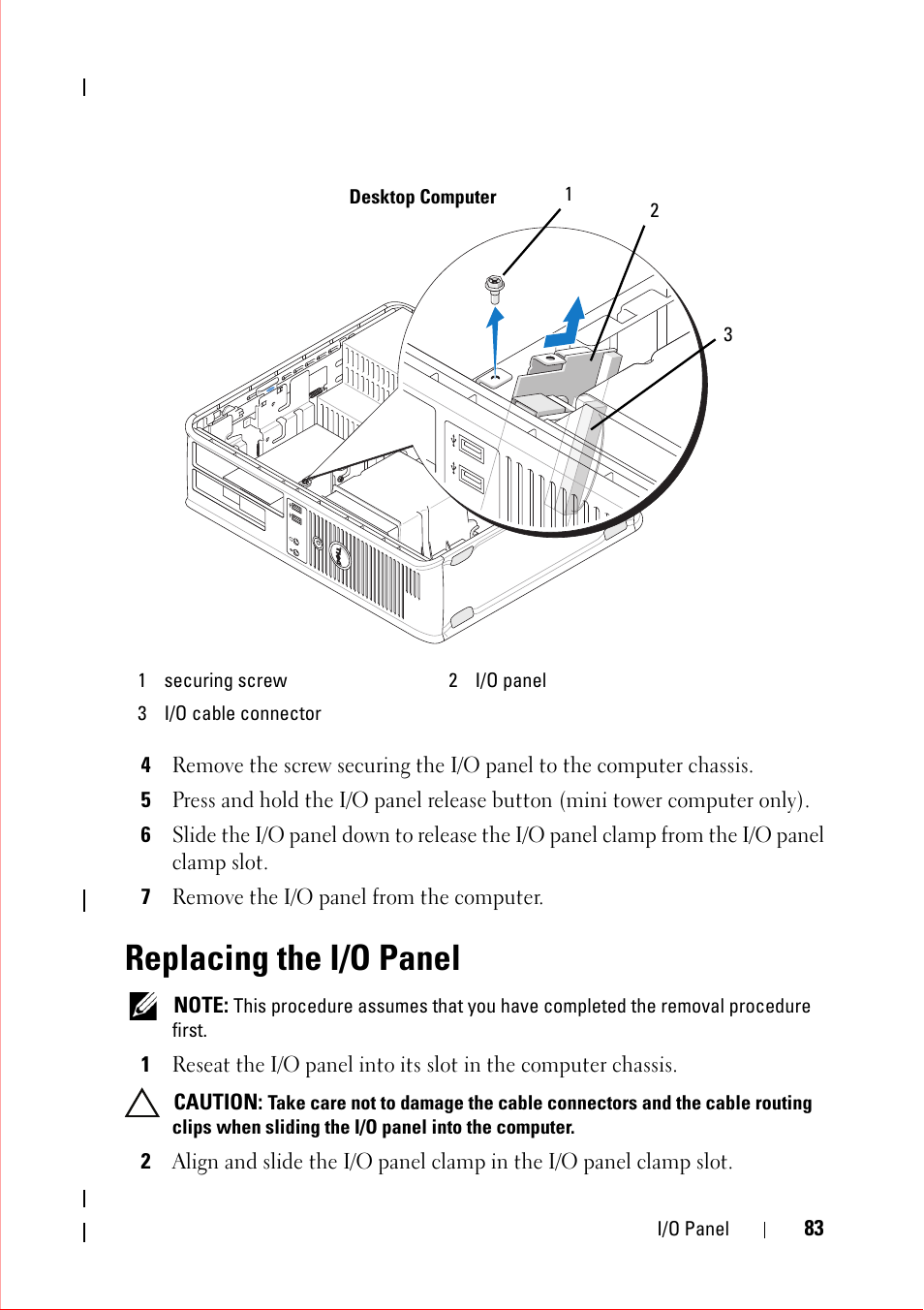 7 remove the i/o panel from the computer, Replacing the i/o panel | Dell OptiPlex 360 (Late 2008) User Manual | Page 83 / 160