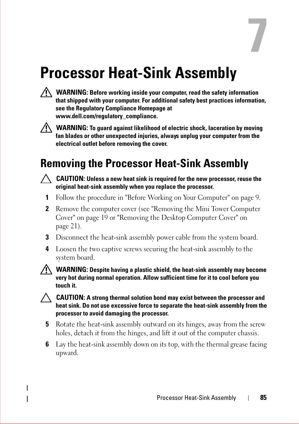 Processor heat-sink assembly, Removing the processor heat-sink assembly | Dell OptiPlex 360 (Late 2008) User Manual | Page 85 / 160